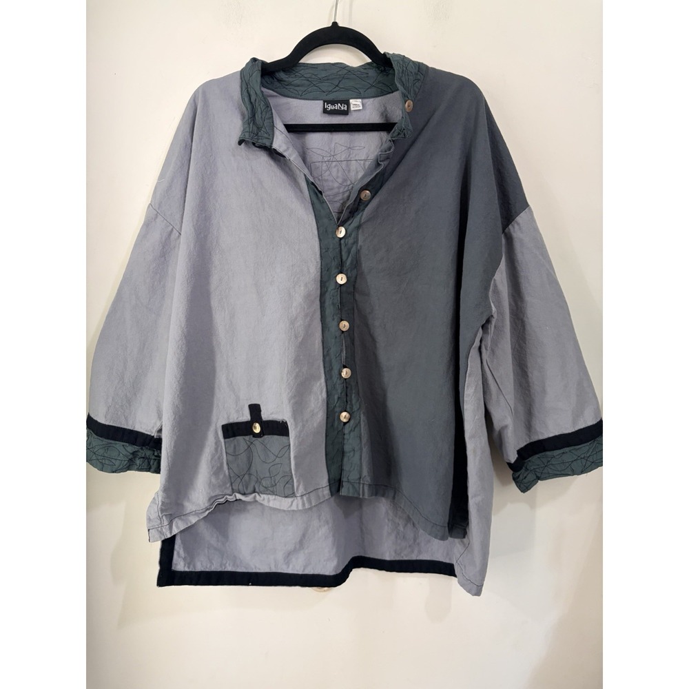Vintage IguaNa Rayon Colorblock Art Tunic Top XL Gray Green Lagenlook Boho